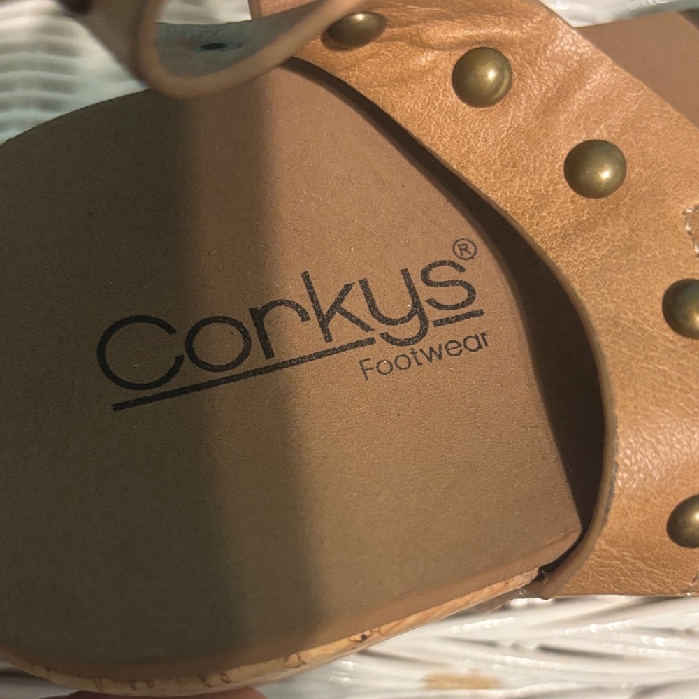 Corkys Tan Studded Cork Wedge Sandals - Women's - Picture 2 of 8